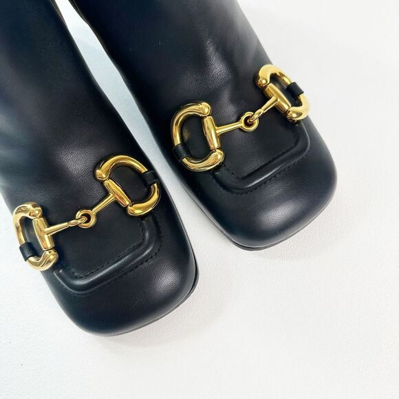 GUCCI Baby Bit Black Leather Boot Size 37.5 High Heel Bootie Square Toe Horsebit - Picture 8 of 13